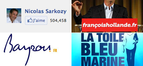 Twitter, Facebook, sites Internet, les candidats à l'élection présidentielle investissent le web pour leur campagne. Captures d'écran des sites web ou compte Facebook de N. Sarkozy, F. Hollande, F. Bayrou et M. Le Pen.