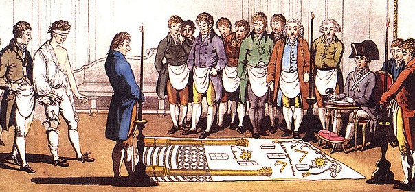 Initiation d'un apprenti franc-maçon vers 1800. Image: wikimedia commons